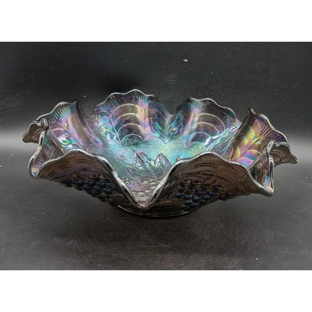 Imperial Amethyst Carnival Glass Grape and Cable Ruffled Bowl Iridescent Purple